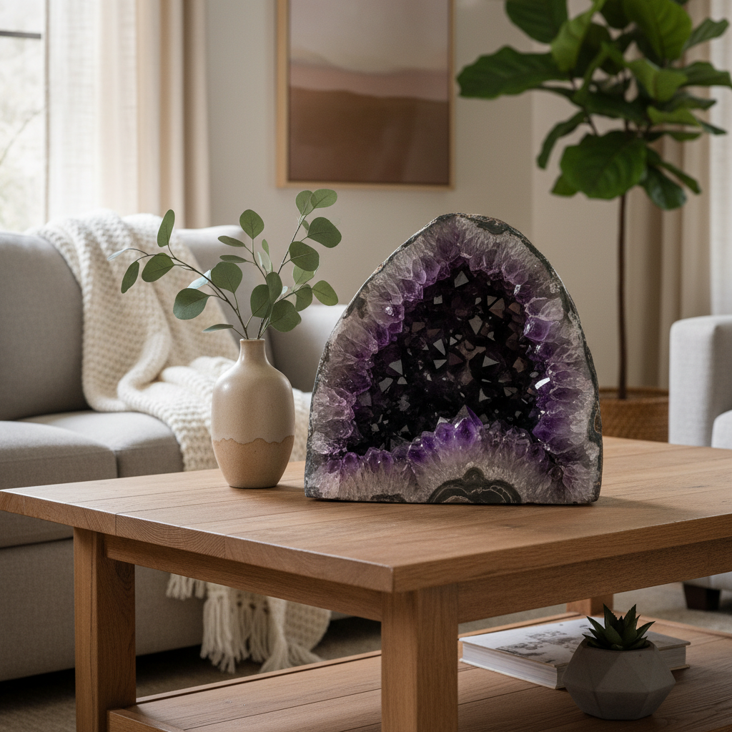 découvrez comment choisir une géode d'améthyste pour sublimer votre décoration intérieure grâce à ses couleurs apaisantes et son énergie naturelle unique.