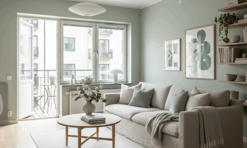 découvrez un deux-pièces de 63m² magnifiquement décoré avec une touche de vert élégante et raffinée, alliant confort et style pour un intérieur chaleureux et moderne.