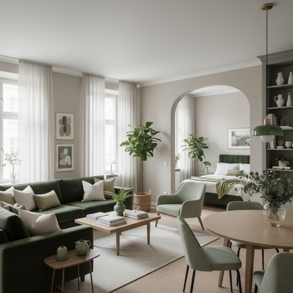 découvrez un deux-pièces de 63m² magnifiquement décoré avec une touche de vert élégante et raffinée, alliant confort et style pour un intérieur unique.