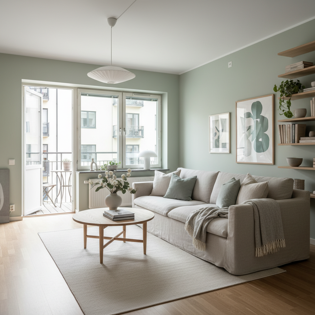 découvrez un deux-pièces de 63m² magnifiquement décoré avec une touche de vert élégante et raffinée, alliant confort et style pour un intérieur chaleureux et moderne.