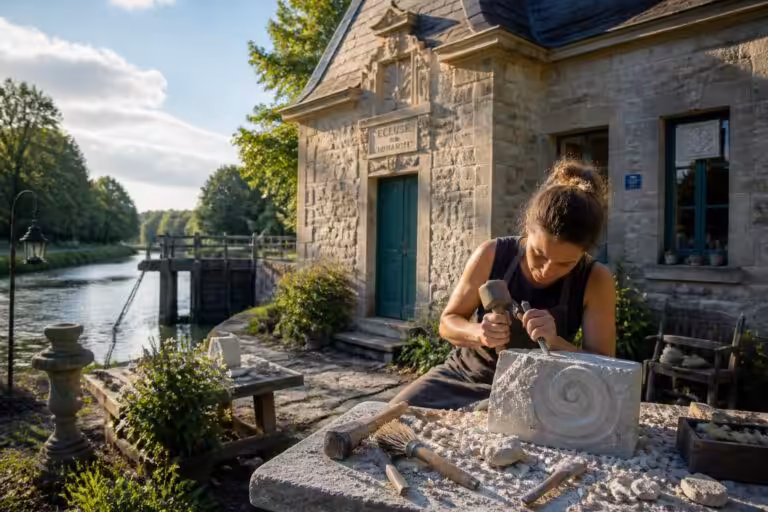 découvrez comment une sculptrice passionnée transforme une maison éclusière du canal d’ille-et-rance en un chef-d'œuvre en pierre, mêlant art et patrimoine avec élégance.