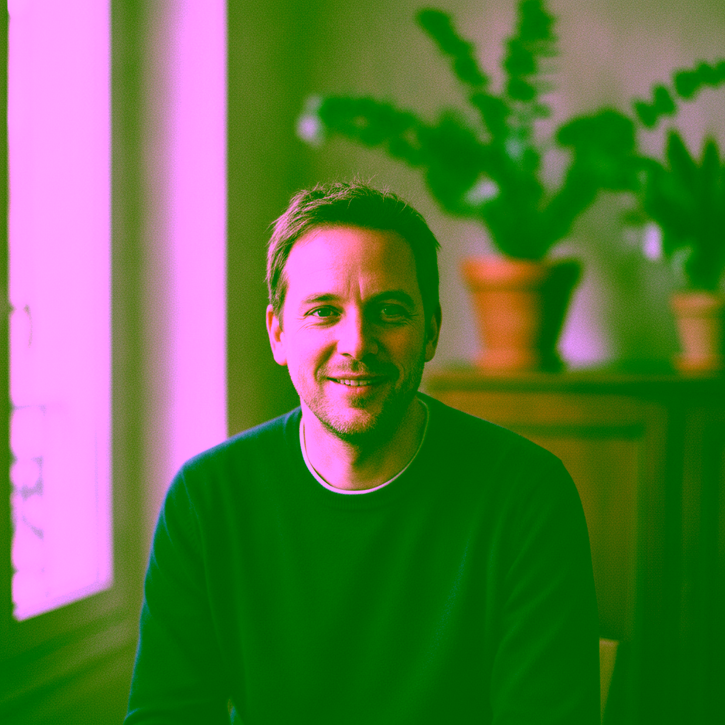 Homme souriant dans un salon lumineux avec plantes.